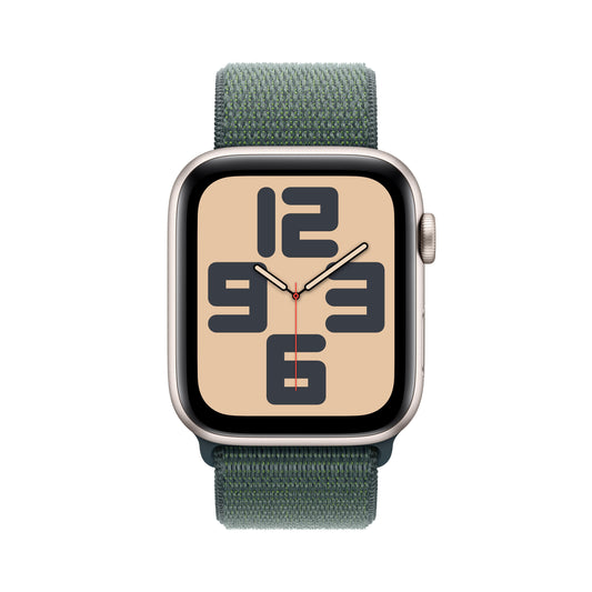 EOL Apple Watch SE (GPS) • 44‐mm kast van sterrenlicht aluminium • Blauwgroen geweven sportbandje