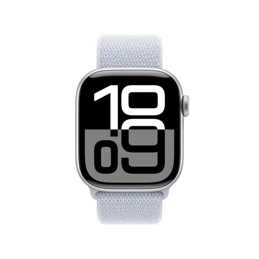 EOL Apple Watch Series 10 (GPS) • 42‐mm kast van zilverkleurig aluminium • Ochtendblauw geweven sportbandje
