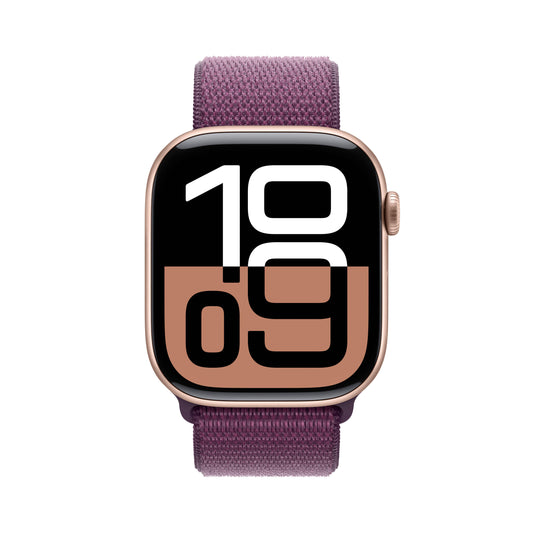 EOL Apple Watch Series 10 (GPS) • 46‑mm kast van roségoudkleurig aluminium • Pruimenpaars geweven sportbandje