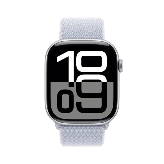 EOL Apple Watch Series 10 (GPS) • 46‑mm kast van zilverkleurig aluminium • Ochtendblauw geweven sportbandje