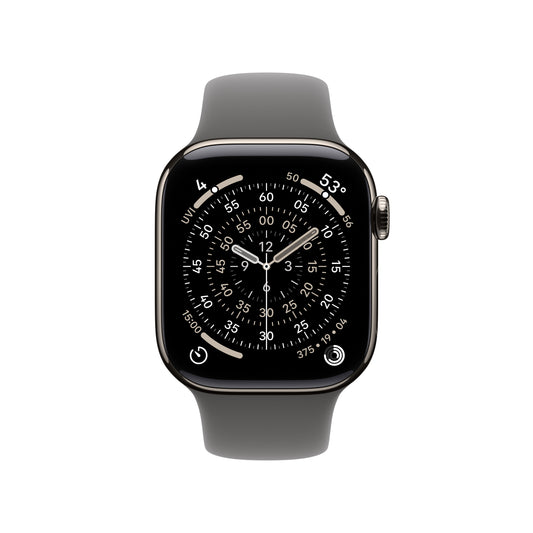 Apple Watch Series 11 (GPS + Cellular) • 42‑mm kast van naturel titanium • Rotsgrijs sportbandje - S/M