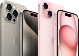 Voor- en achteraanzicht van een iPhone 15 Pro in naturel titanium en een iPhone 15 in roze