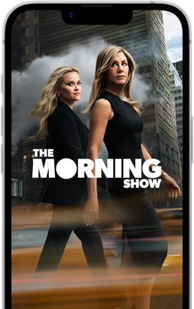 iPhone 17e, voorkant, met daarop de Apple TV+-serie The Morning Show