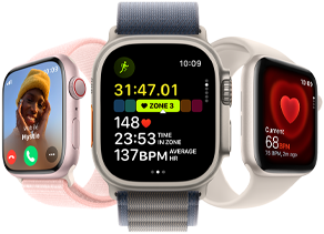 Apple Watch Series 9 tournée légèrement vers la gauche, Apple Watch Ultra 2 de face et Apple Watch SE tournée légèrement vers la droite