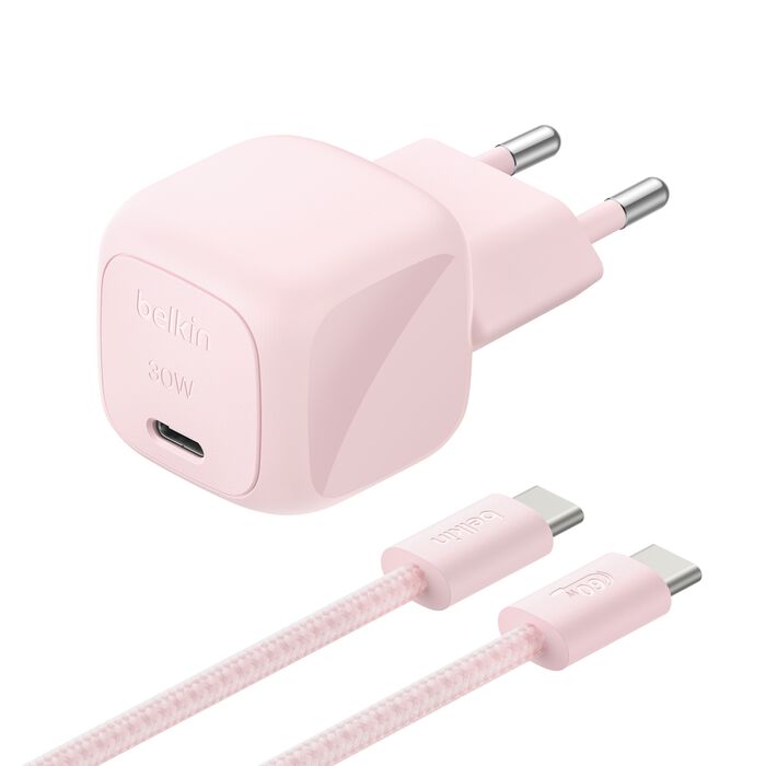Belkin BoostCharge | USB-C Chargeur secteur (30 W) + câble USB-C/USB-C - 2m - Rose poudré