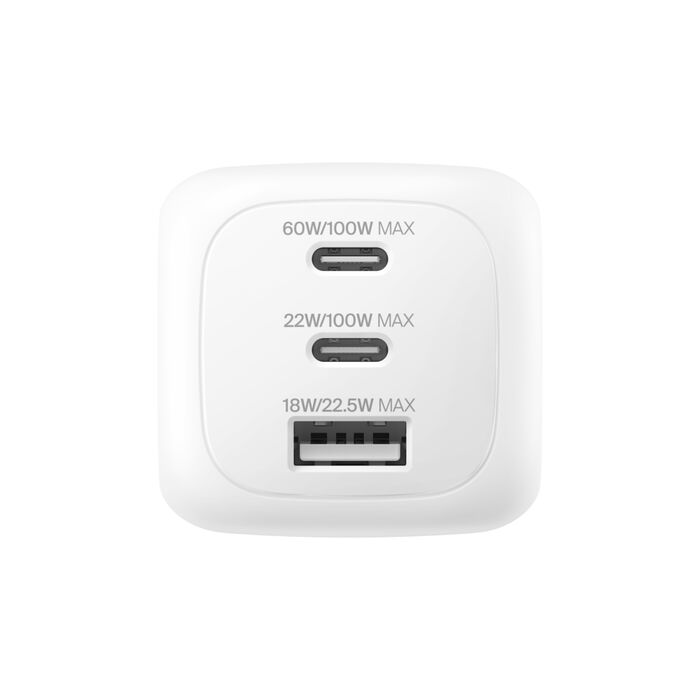 Belkin BoostCharge | Chargeur secteur 3 ports GaN (100 W) & adaptateur de voyage - Blanc