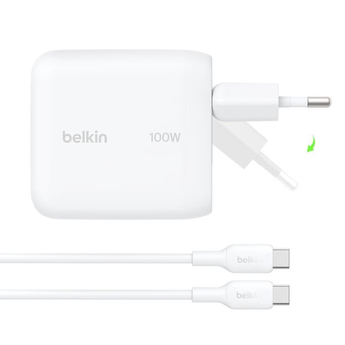 Belkin BoostCharge | Chargeur secteur GaN USB-C (100W) + câble USB-C/USB-C - 1,5 m - Blanc