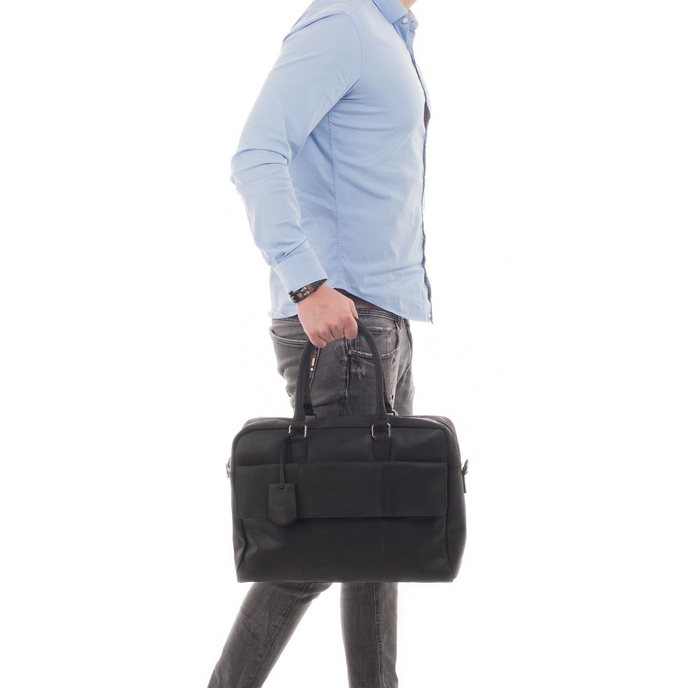 EOL Burkely Sacoche en cuir avec batterie externe pour MacBook Pro 15/16 pouces - On The Move - Noir