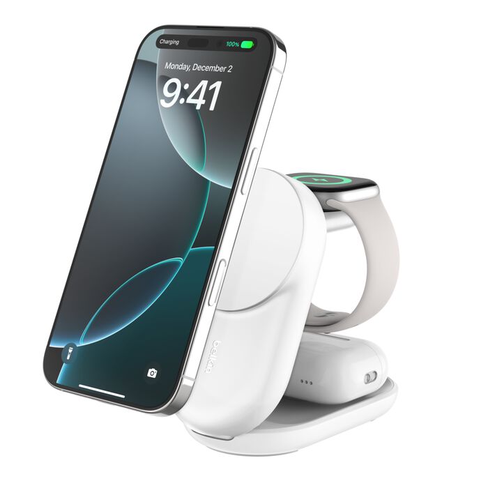 Belkin UltraCharge | Socle de recharge 3-en-1 aimantée et pliable avec Qi2 (25 W) - Blanc