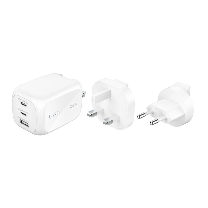 Belkin BoostCharge | Chargeur secteur 3 ports GaN (100 W) & adaptateur de voyage - Blanc