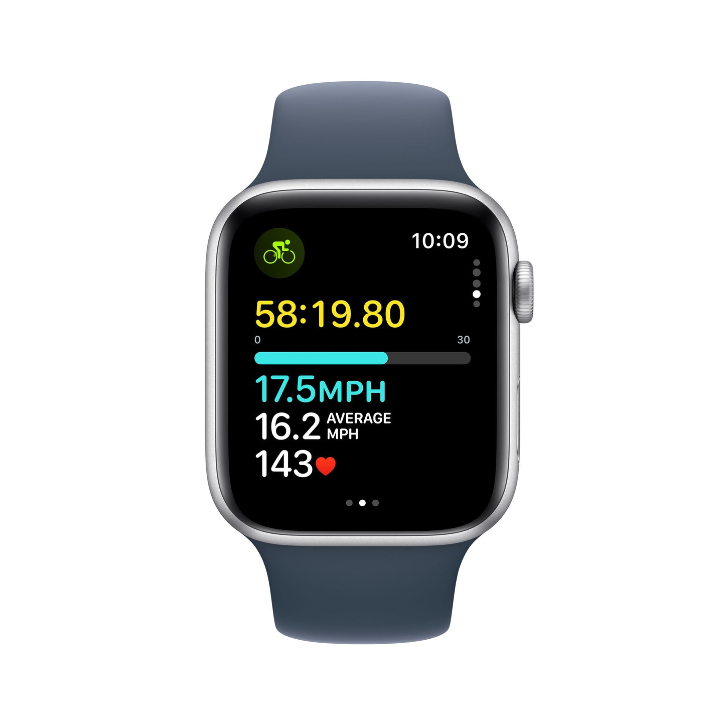 Apple Watch SE (GPS) • 44‐mm kast van zilverkleurig aluminium • Stormblauw sportbandje - S/M