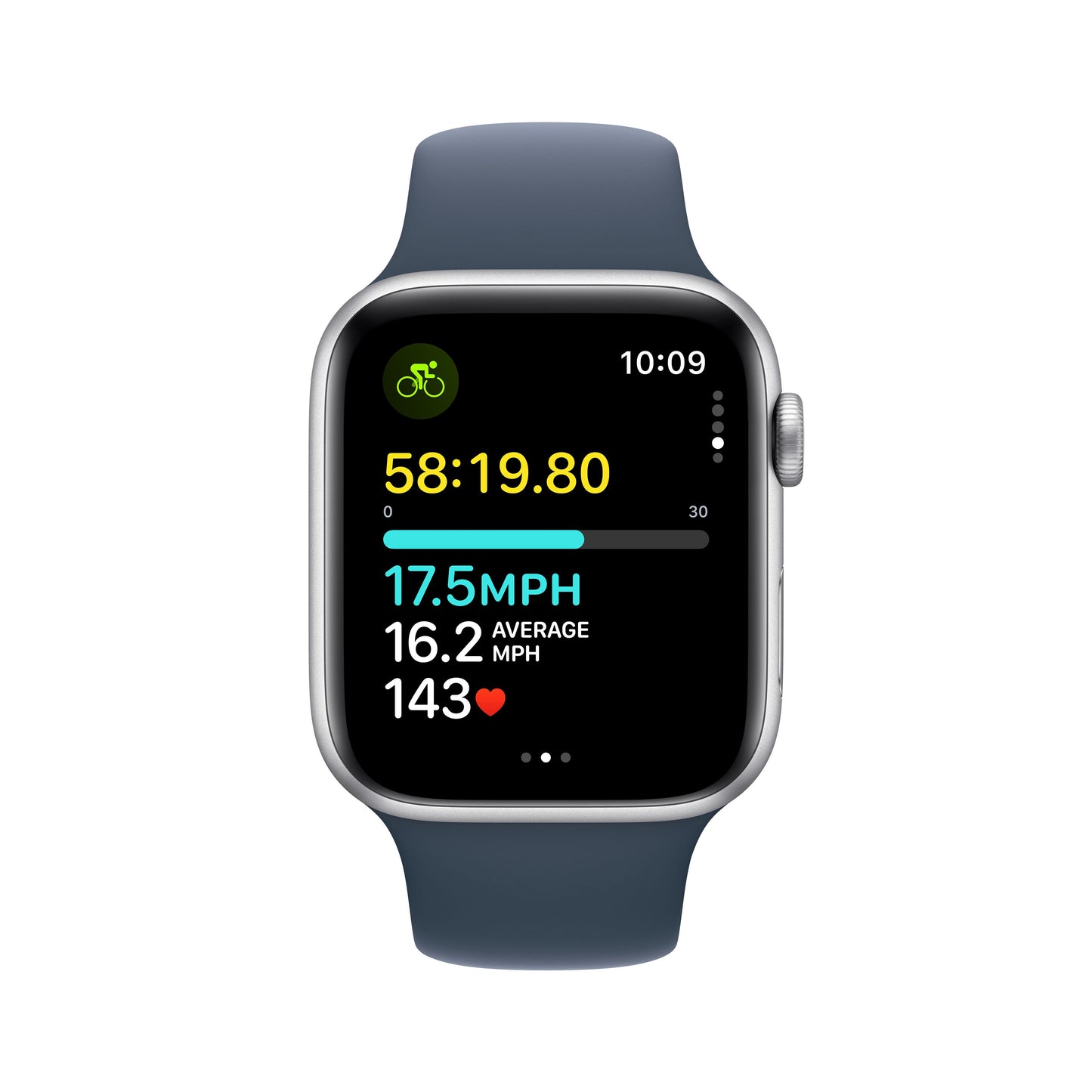 EOL Apple Watch SE GPS, Boîtier en aluminium argent de 44 mm, Bracelet Sport bleu orage - S/M