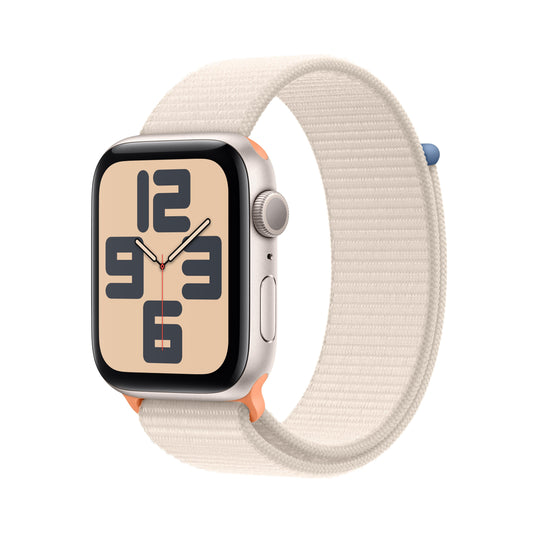 Apple Watch SE (GPS) • 44‐mm kast van sterrenlicht aluminium • Sterrenlicht geweven sportbandje