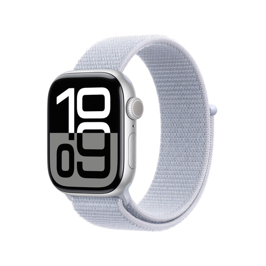 EOL Apple Watch Series 10 (GPS) • 42‐mm kast van zilverkleurig aluminium • Ochtendblauw geweven sportbandje