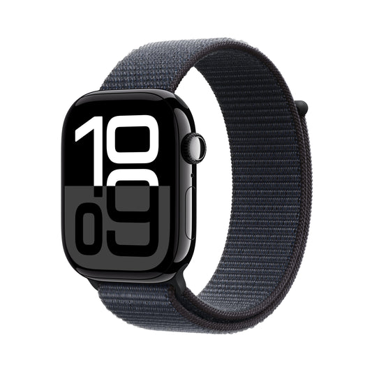 EOL Apple Watch Series 10 (GPS) • 46‑mm kast van gitzwart aluminium • Inkt geweven sportbandje