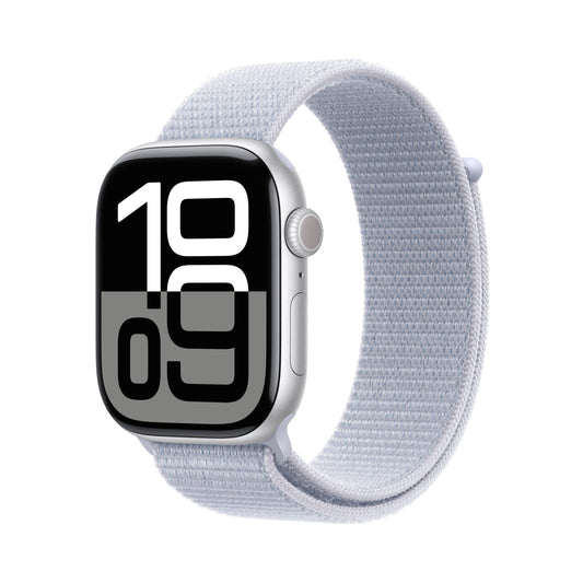 EOL Apple Watch Series 10 (GPS) • 46‑mm kast van zilverkleurig aluminium • Ochtendblauw geweven sportbandje