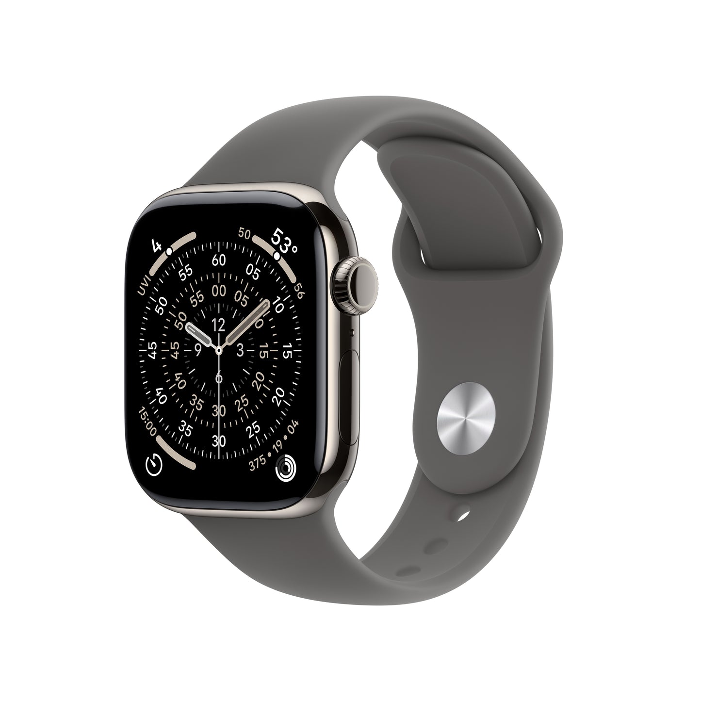 Apple Watch Series 11 (GPS + Cellular) • Boîtier en titane naturel 42 mm • Bracelet Sport Gris minéral - M/L