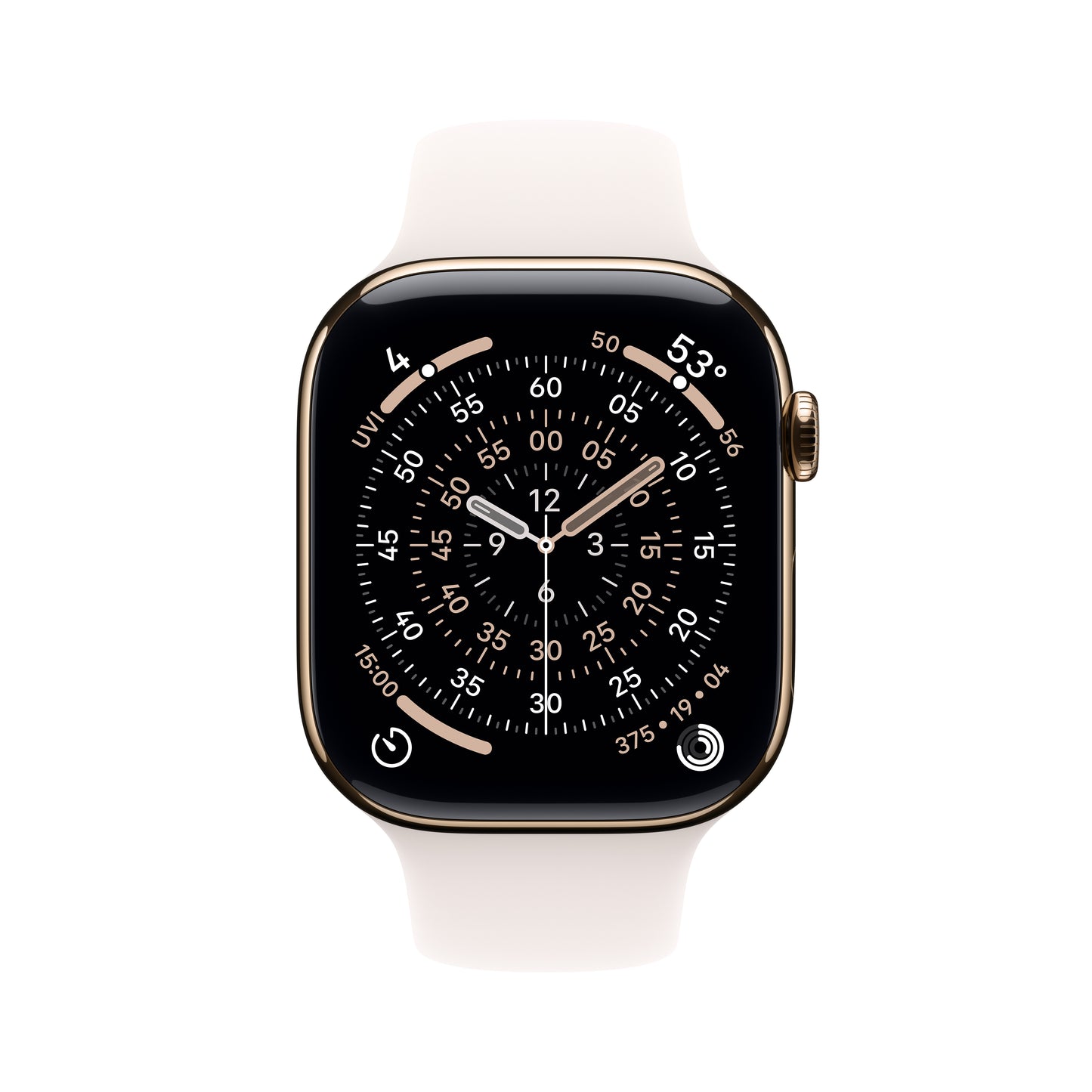 Apple Watch Series 11 (GPS + Cellular) • 46‑mm kast van goudkleurig titanium • Rosé sportbandje - S/M