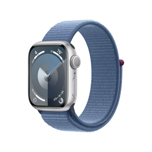 Apple Watch Series 9 (GPS) • 41‑mm kast van zilverkleurig aluminium • Winterblauw geweven sportbandje
