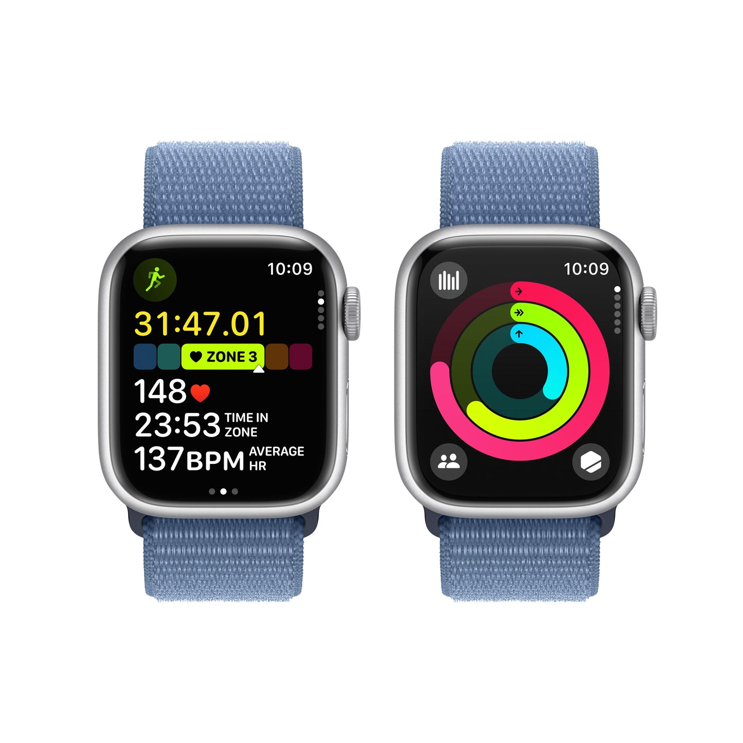 Apple Watch Series 9 (GPS) • 41‑mm kast van zilverkleurig aluminium • Winterblauw geweven sportbandje