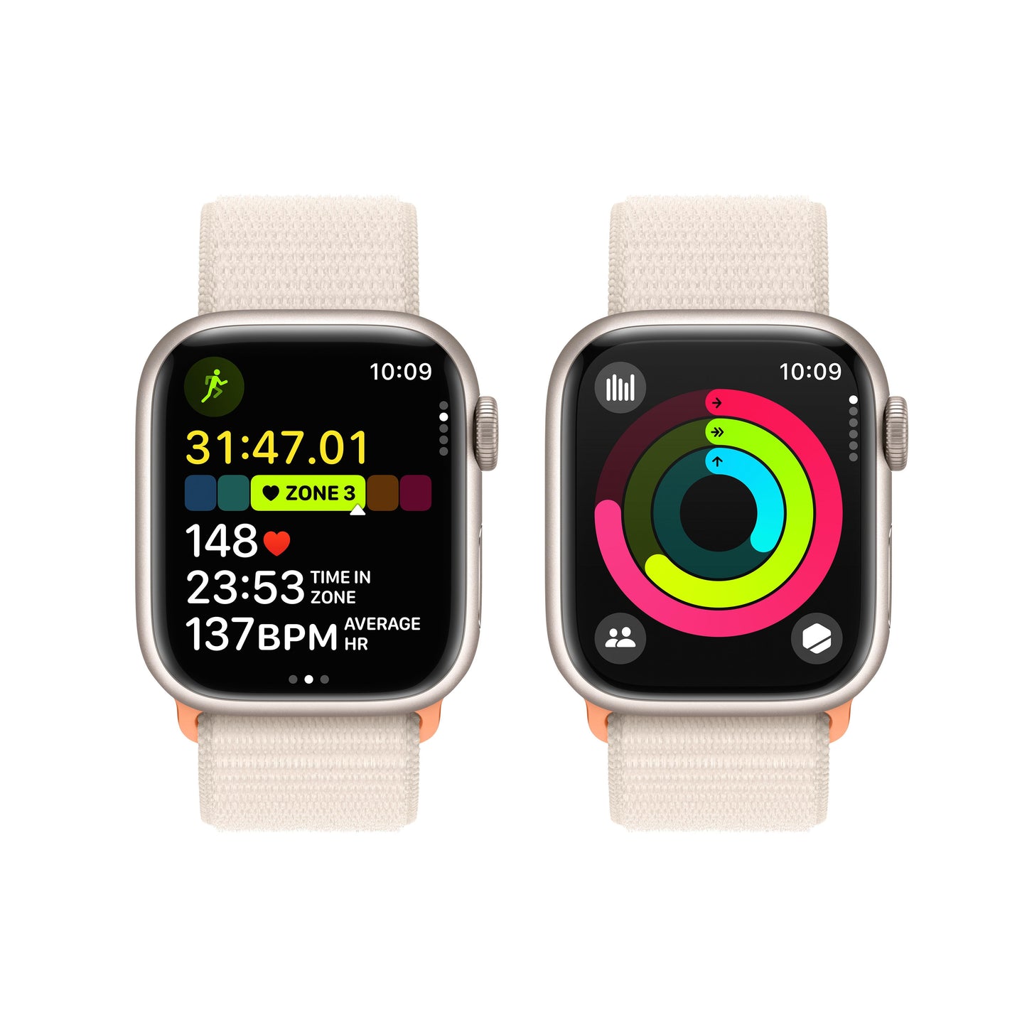 Apple Watch Series 9 (GPS) • 41‑mm kast van sterrenlicht aluminium • Sterrenlicht geweven sportbandje