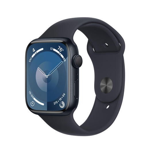 Apple Watch Series 9 (GPS) • 45‑mm kast van middernacht aluminium • Middernacht sportbandje - M/L