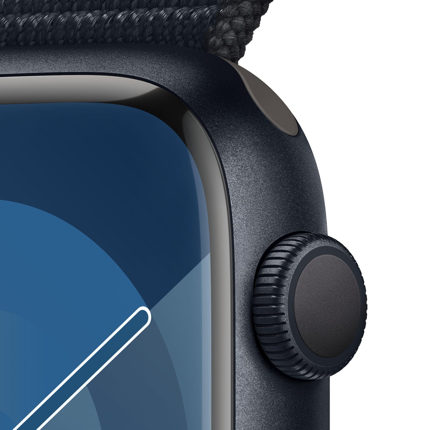 Apple Watch Series 9 (GPS) • 45‑mm kast van middernacht aluminium • Middernacht geweven sportbandje