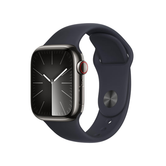 EOL Apple Watch Series 9 GPS + Cellular, Boîtier en acier inoxydable graphite de 41 mm, Bracelet Sport minuit - S/M