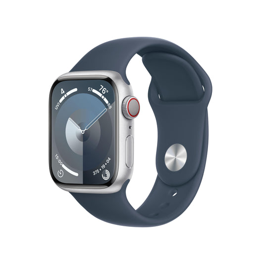 EOL Apple Watch Series 9 GPS + Cellular, Boîtier en aluminium argent de 41 mm, Bracelet Sport bleu orage - M/L