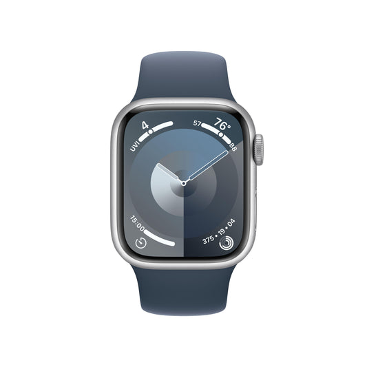 EOL Apple Watch Series 9 GPS + Cellular, Boîtier en aluminium argent de 41 mm, Bracelet Sport bleu orage - M/L