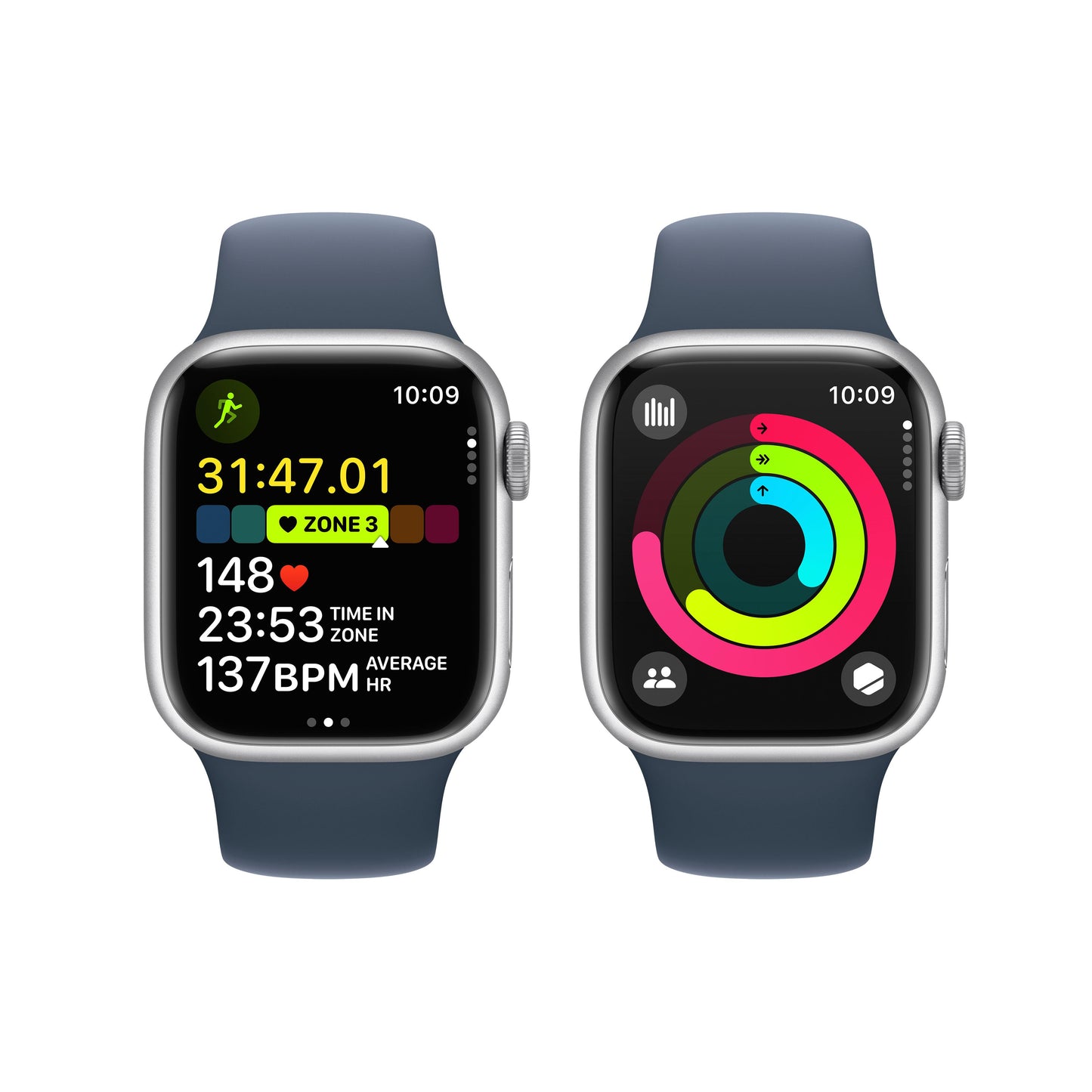 EOL Apple Watch Series 9 (GPS + Cellular) • 41‑mm kast van zilverkleurig aluminium • Stormblauw sportbandje - M/L