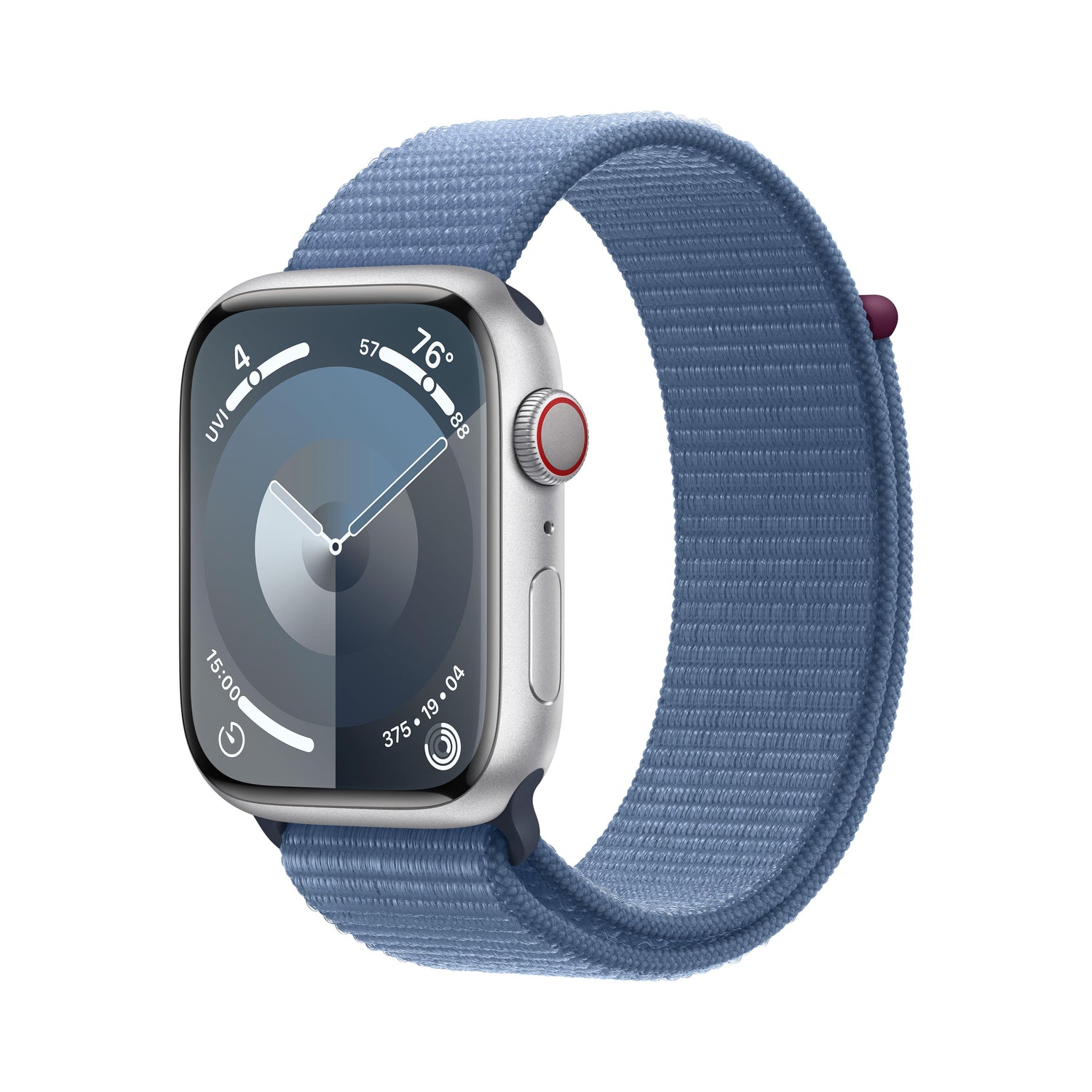 EOL Apple Watch Series 9 (GPS + Cellular) • 45‑mm kast van zilverkleurig aluminium • Winterblauw geweven sportbandje