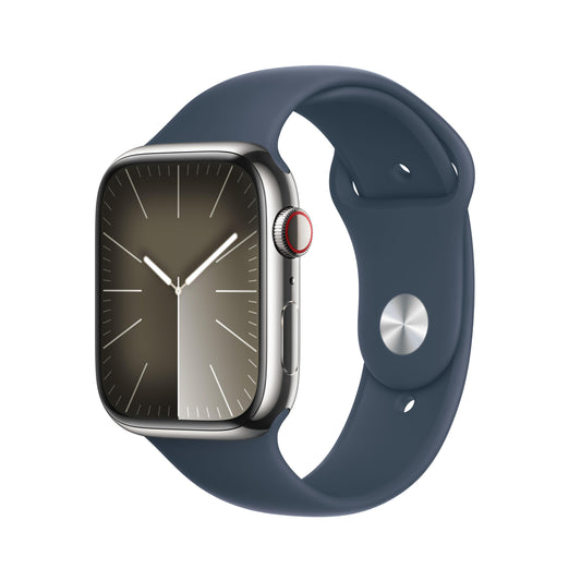 EOL Apple Watch Series 9 GPS + Cellular, Boîtier en acier inoxydable argent de 45 mm, Bracelet Sport bleu orage - S/M