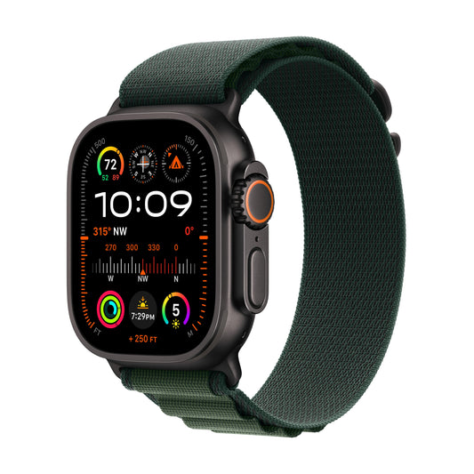 EOL Apple Watch Ultra 2 (GPS + Cellular) • 49-mm kast van zwart titanium • Donkergroen Alpine‑bandje - L