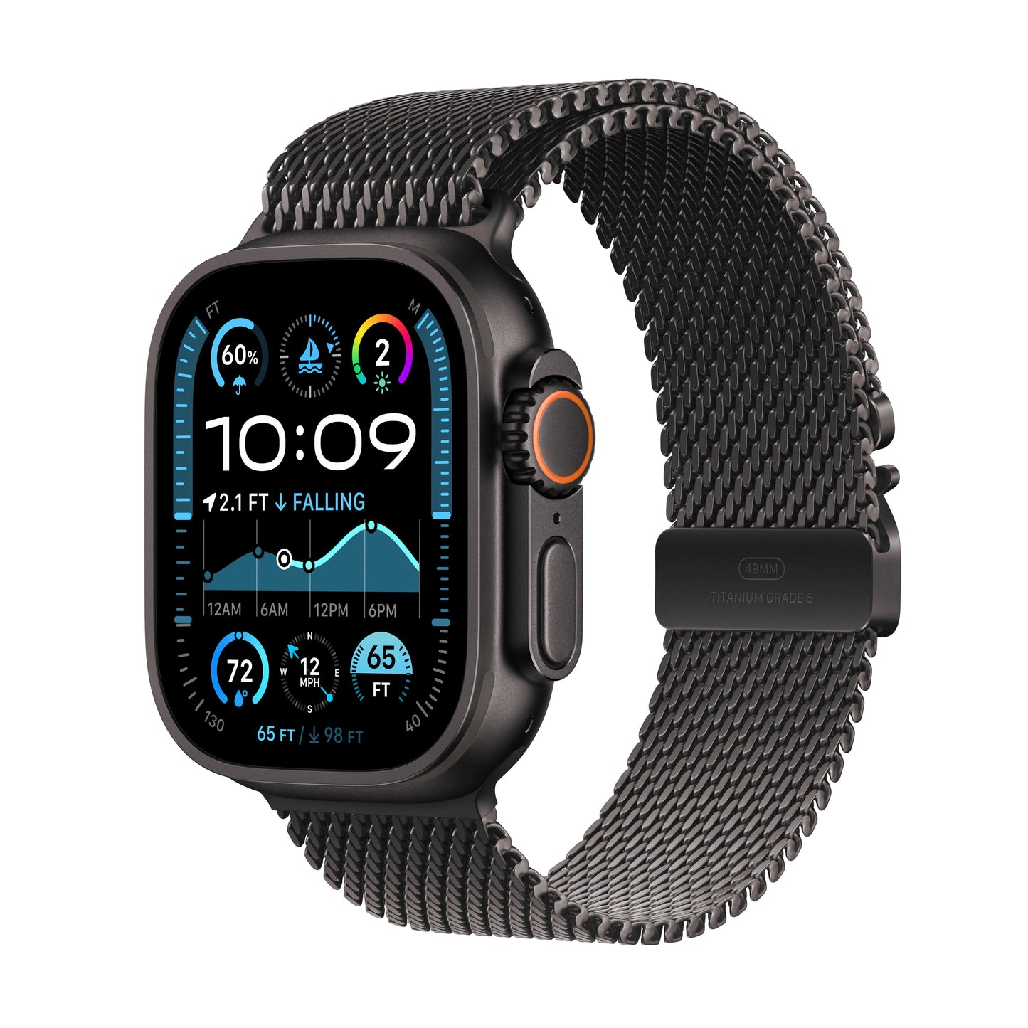 EOL Apple Watch Ultra 2 GPS + Cellular, Boîtier en titane noir de 49 mm, Bracelet Milanais en titane noir - L