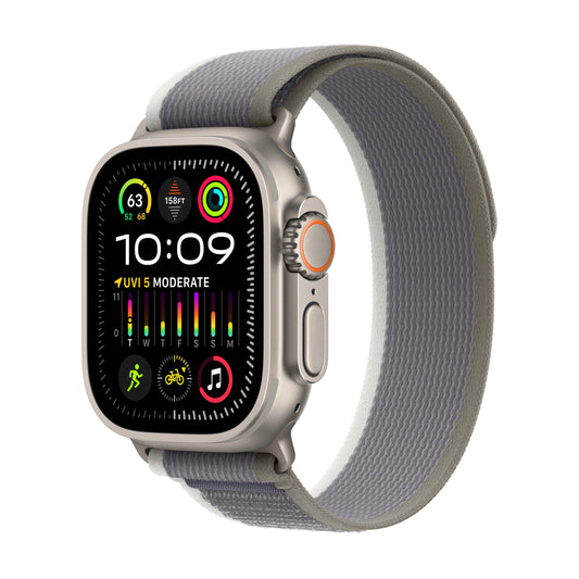 EOL Apple Watch Ultra 2 GPS + Cellular, Boîtier en titane de 49 mm avec Boucle Trail vert/gris - M/L