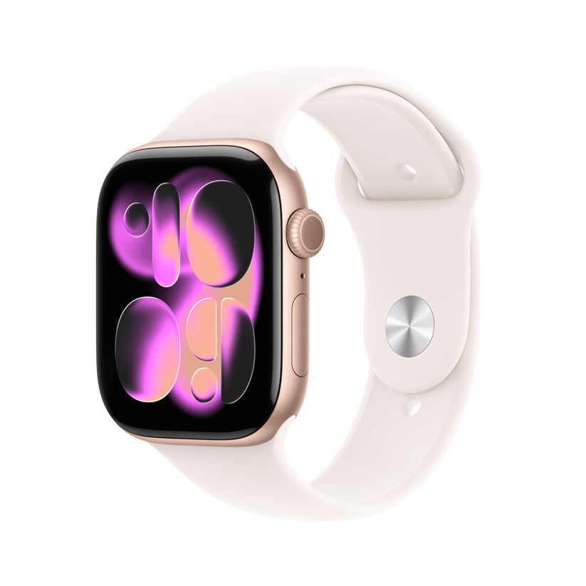 Apple Watch Series 11 (GPS) • Boîtier en aluminium or rose 46 mm • Bracelet  Sport Rose tendre S/M