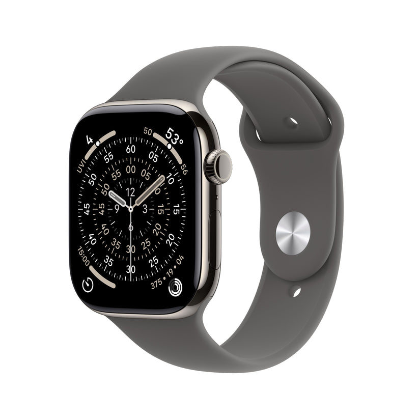 Apple Watch Series 11 (GPS Cellular) • Boîtier en titane naturel 46 mm • Bracelet Sport Gris minéral S/M
