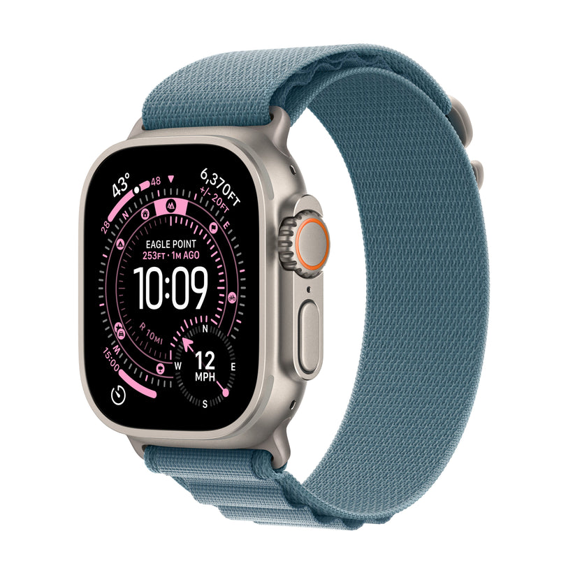 Apple Watch Ultra GPS Cellular • Boîtier en titane naturel de 49 mm • Boucle Alpine bleu clair M