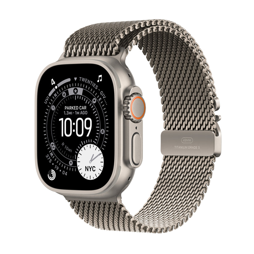 Apple Watch Ultra GPS Cellular • Boîtier en titane naturel de 49 mm • Bracelet Milanais titane naturel L