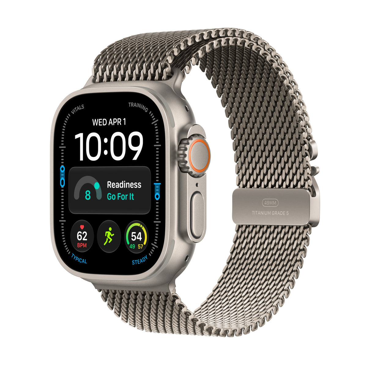 Apple Watch Ultra 4 GPS + Cellular, Boîtier en titane naturel de 49 mm, Bracelet Milanais titane naturel - S