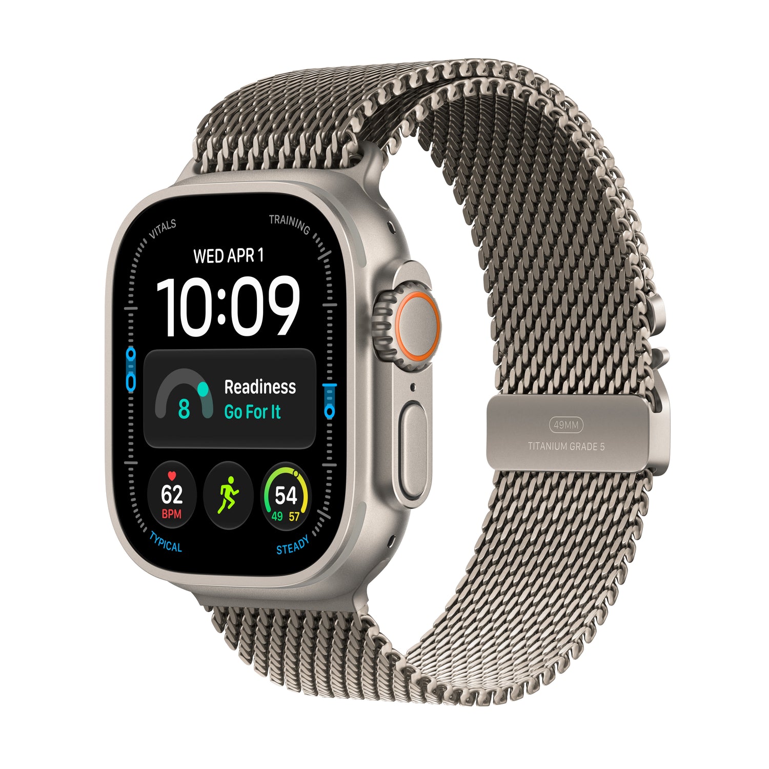 Apple Watch Ultra 4 (GPS + Cellular) • 49-mm kast van Naturel titanium • Milanees bandje van Naturel titanium - S