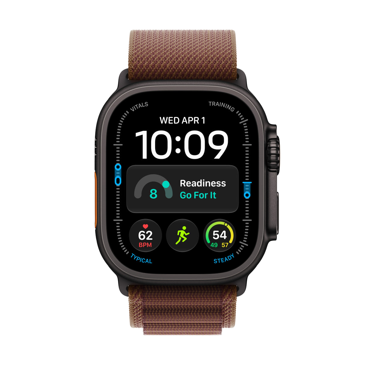 Apple Watch Ultra 4 (GPS + Cellular) • 49-mm kast van Zwart titanium • Bordeauxrood Alpine‑bandje - L