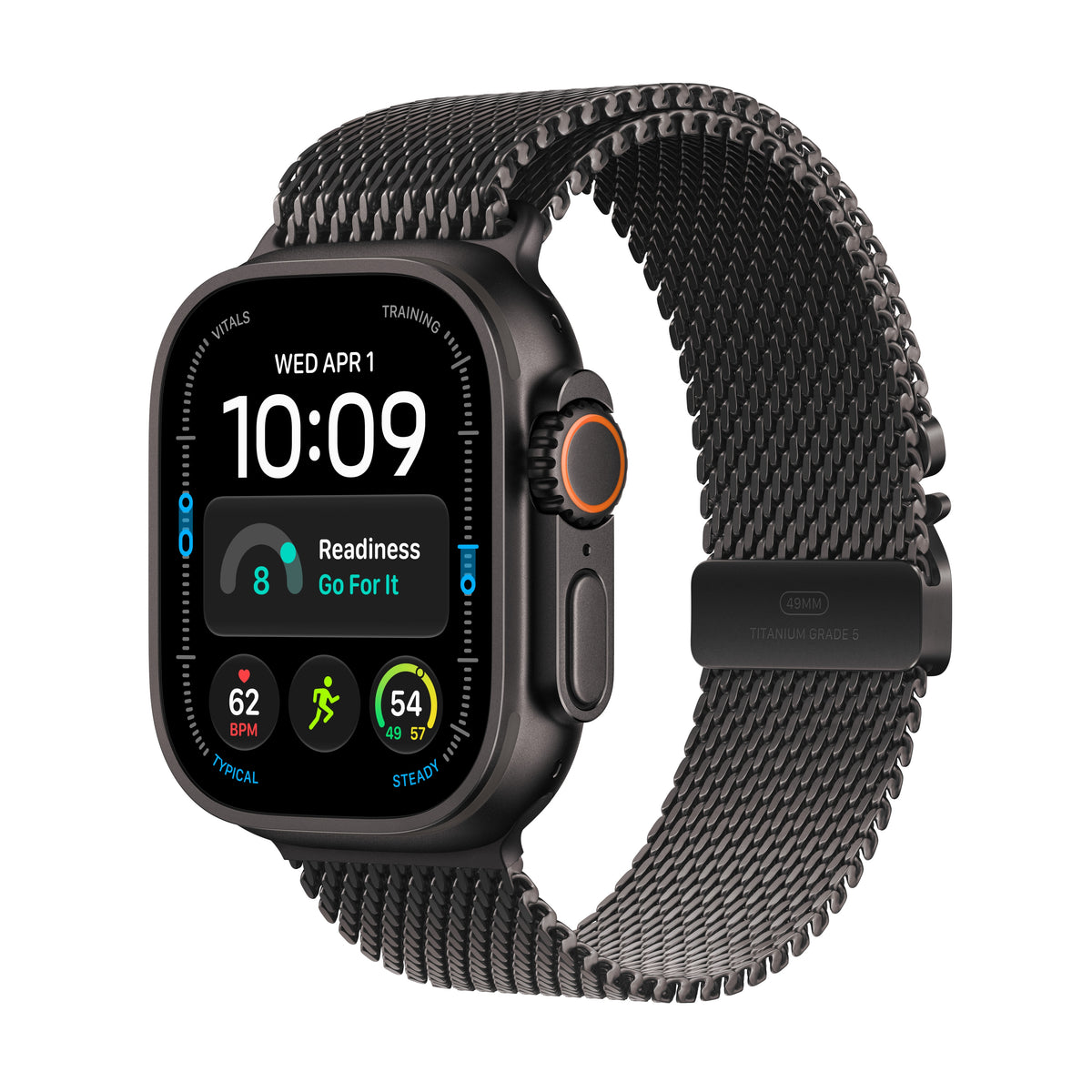 Apple Watch Ultra 4 (GPS + Cellular) • 49-mm kast van Zwart titanium • Milanees bandje van Zwart titanium - S