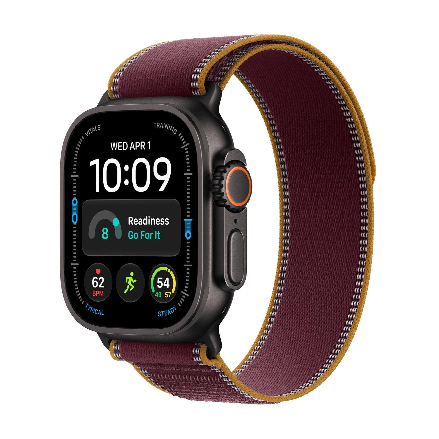 Apple Watch Ultra 4 (GPS + Cellular) • 49-mm kast van Zwart titanium • Bordeauxrood Trail‑bandje - M/L