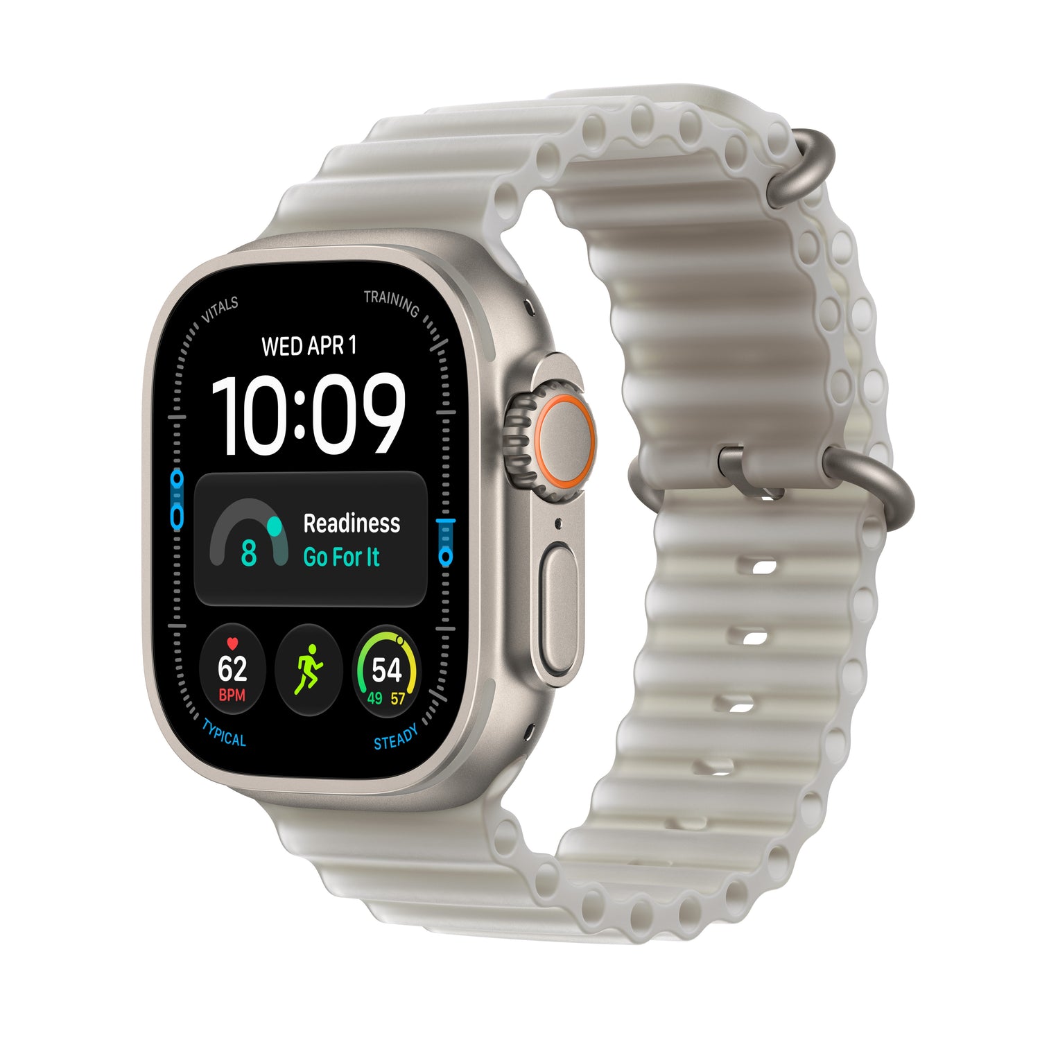 Apple Watch Ultra 4 (GPS + Cellular) • 49-mm kast van Naturel titanium • Doorschijnend Grijs Ocean‑bandje