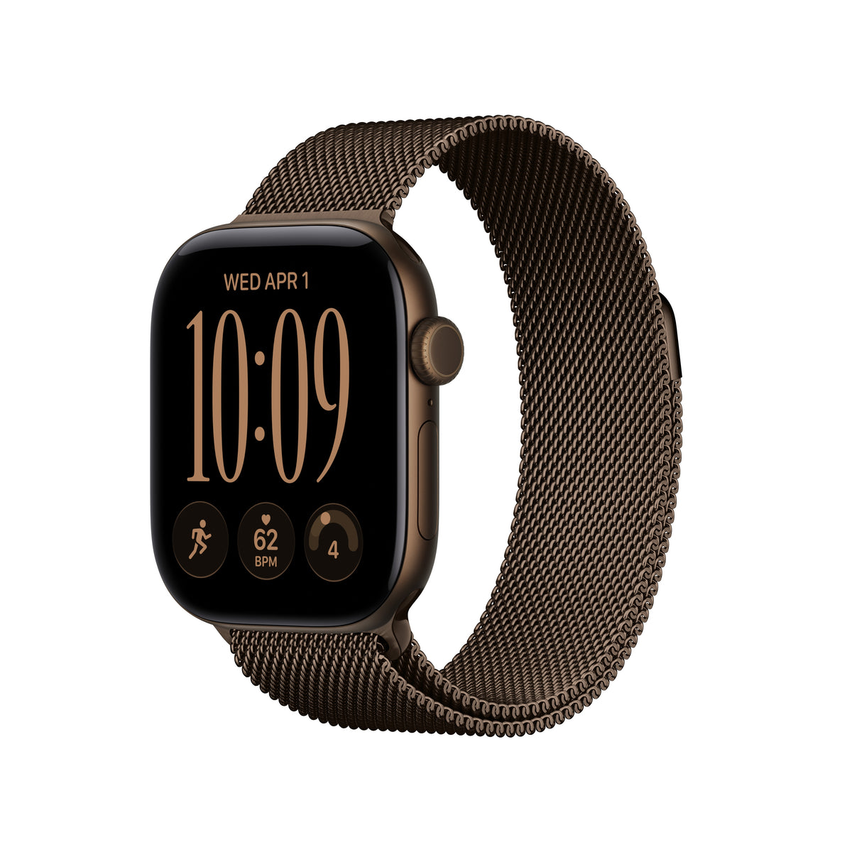 Apple Watch Series 12 (GPS + Cellular) • 42-mm kast van Donkerbrons aluminium • Donkerbrons Milanees bandje