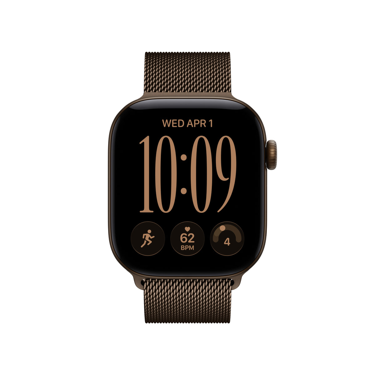 Apple Watch Series 12 (GPS + Cellular) • 42-mm kast van Donkerbrons aluminium • Donkerbrons Milanees bandje
