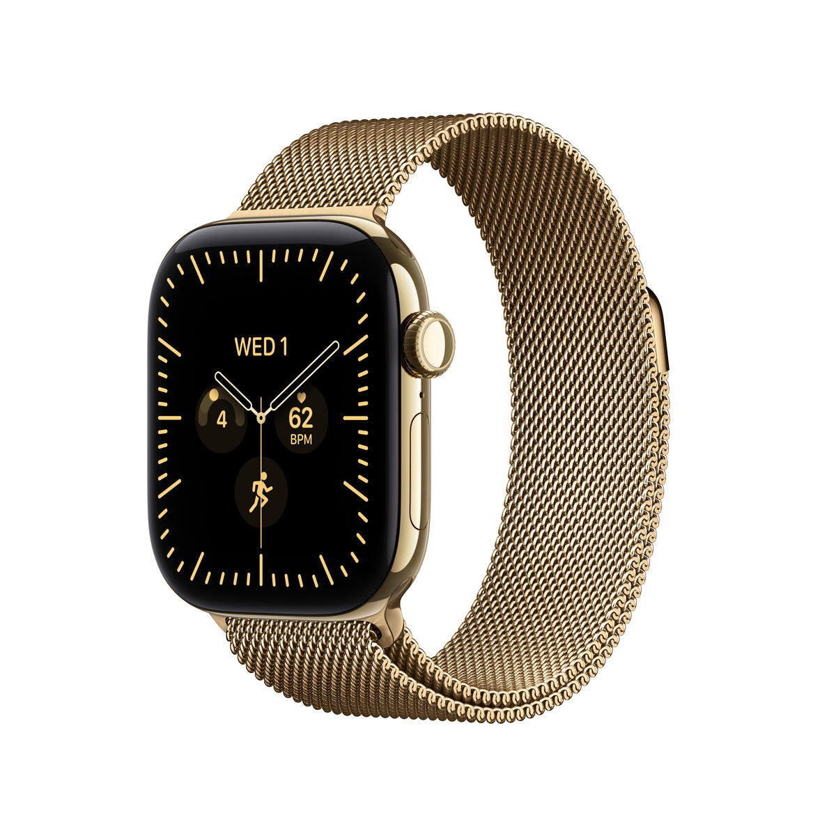 Apple Watch Series 12 (GPS + Cellular) • 42‐mm kast van Stralend Goud titanium • Stralend Goud Milanees bandje