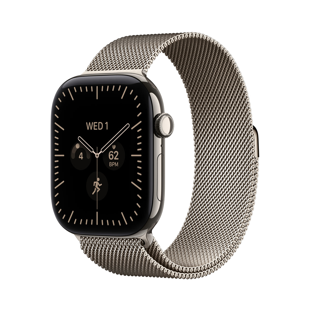 Apple Watch Series 12 (GPS + Cellular) • 46‐mm kast van Naturel titanium • Naturel Milanees bandje - S/M